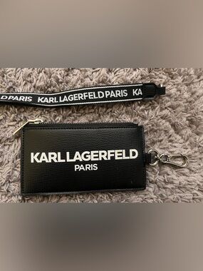 Karl Lagerfeld Black Leather-Look Logo Zip Pouch